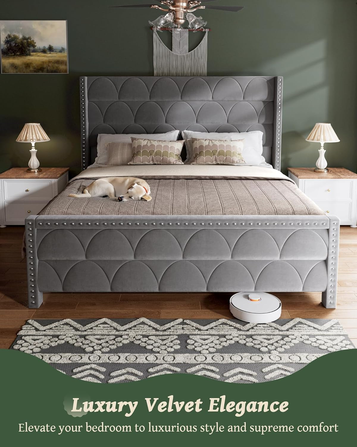 King Size Bed Frame with 56" Headboard - Velvet Upholstered Wingback Platform Bed Frame, Noise Free, Sturdy Wooden Slat Support (Deep Gray, King)
