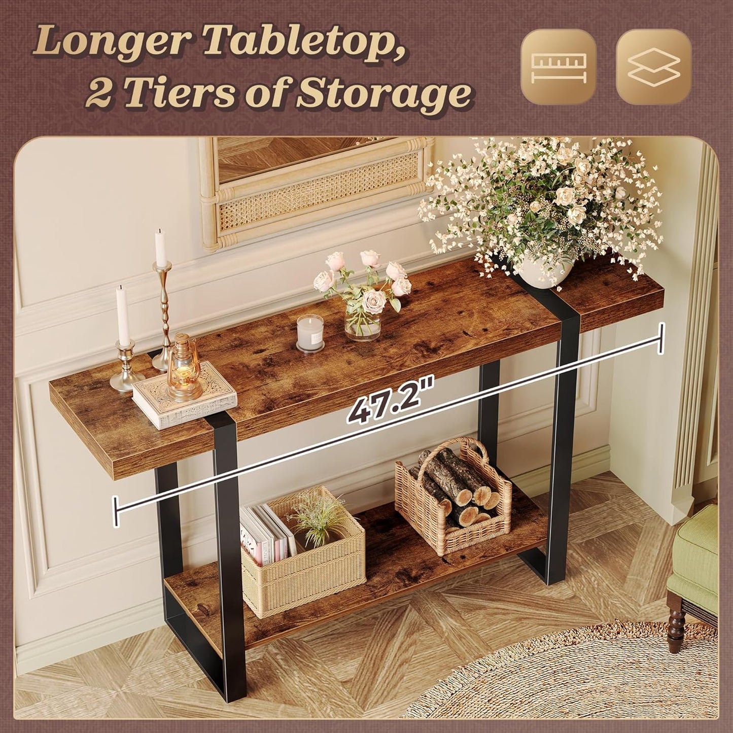 47.2 Inch Entryway Table, 2-Tier Industrial Console Sofa Table, Accent Table with Storage, for Entry, Hallway, Entrance, Foyer, T-Shaped Metal Frame, Rustic Brown