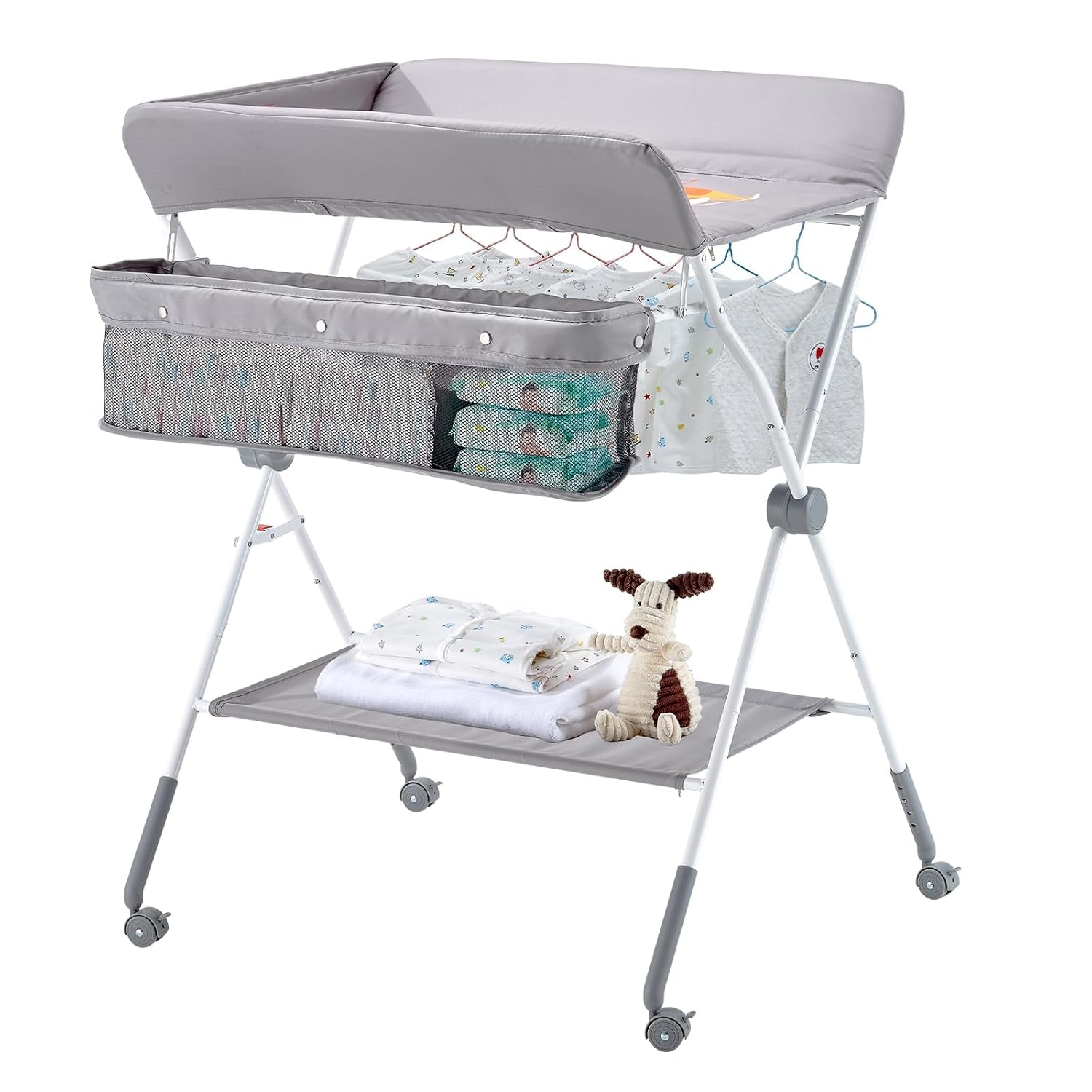 Baby Changing Table, Foldable Diaper Change Station with Side Basket, Adjustable Height Changing Table with Lockable Wheels, Multi-Functional Nursery Storage Organizer, Light Gray