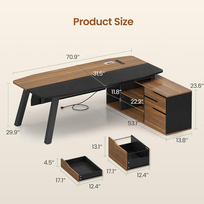 71" Executive Desk with File Cabinet, Large Office Desk with Drawers and Shelves, L Shaped Computer Desk with Power Outlets, Business Furniture Desk Workstation for Home Office, Walnut