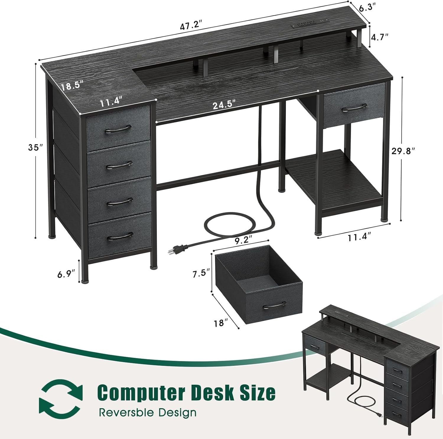 47 Inch Computer Desk with 5 Fabric Storage Drawers,Gaming Desk with Power Outlets & LED Lights,Reversible Home Office Desk with Monitor Stand for Working Writing Study, Black