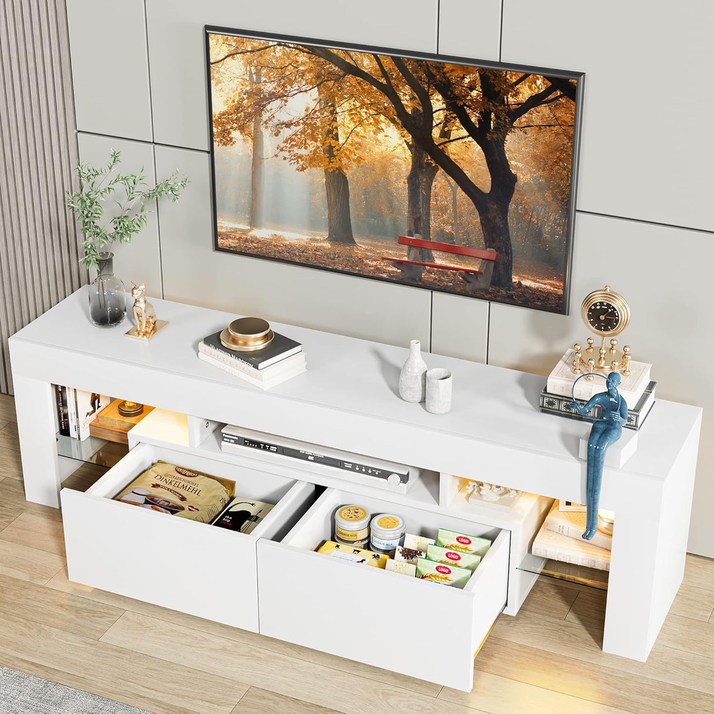 TV Stand with LED Lights, Modern Entertainment Center Media and Open Shelf Console Table Storage Desk with 1 Drawer and Remote Control 20 Color LED Lights up to 70 Inch TV (White)