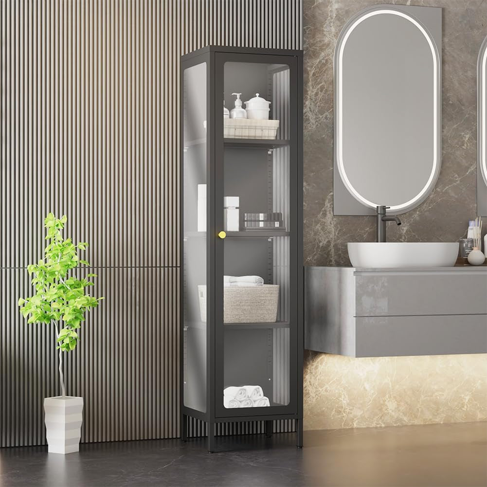 Display Cabinet with Glass Doors,4-Tier Curio Cabinet with Adjustable Shelves,Display Cases for Plant, Book Bathroom, Living Room, Collectibles Figure,Black