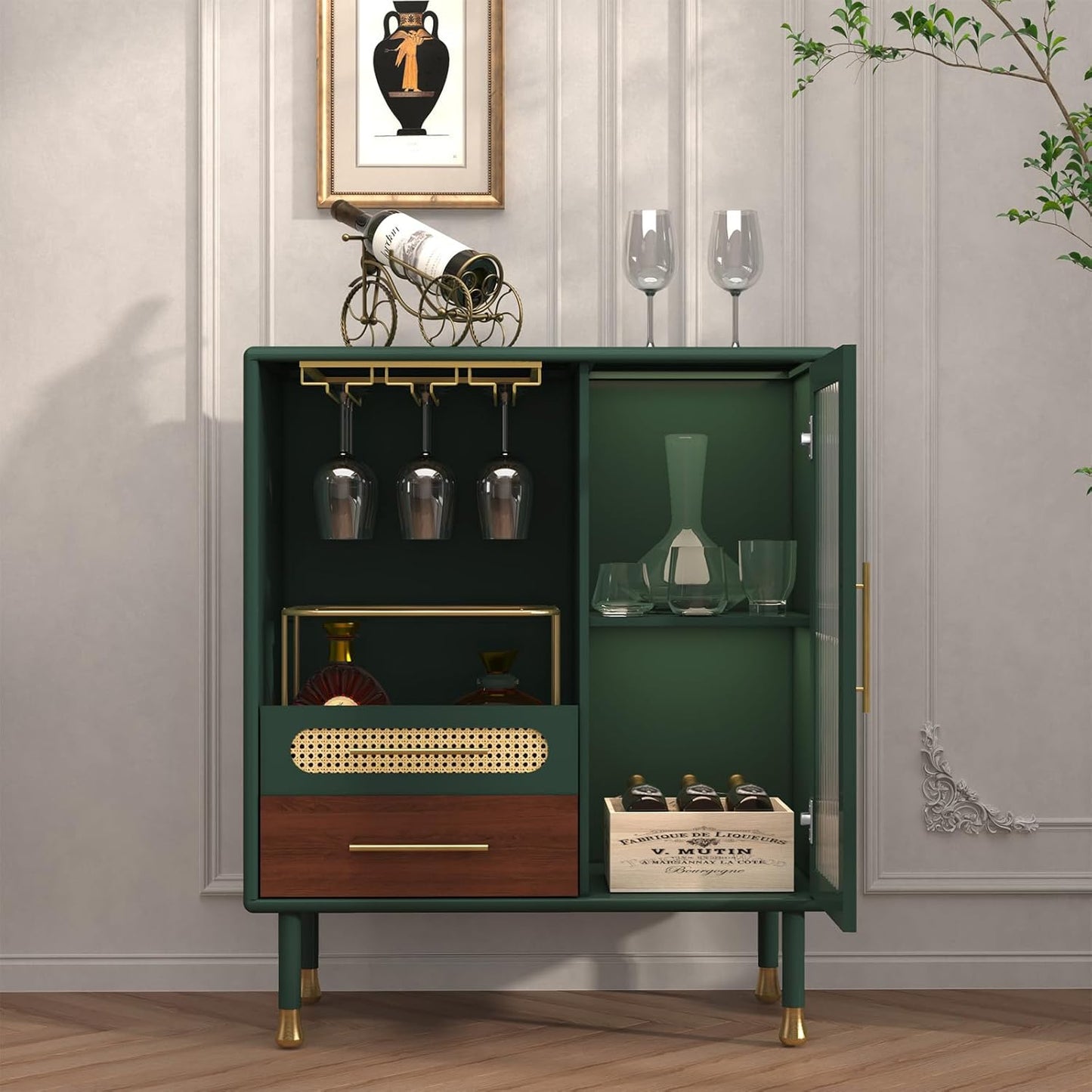 Modern Coffee Bar Cabinet with Wine Glass Rack and Drawers, Green Liquor Cabinet with Pull-Out Wine Storage for Kitchen, Dining Room, Living Room