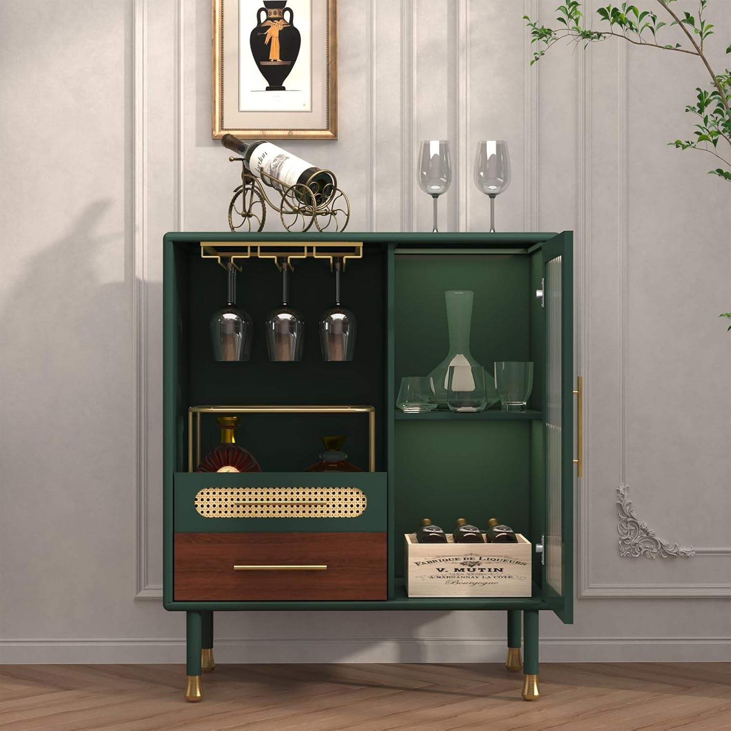 Modern Coffee Bar Cabinet with Wine Glass Rack and Drawers, Green Liquor Cabinet with Pull-Out Wine Storage for Kitchen, Dining Room, Living Room