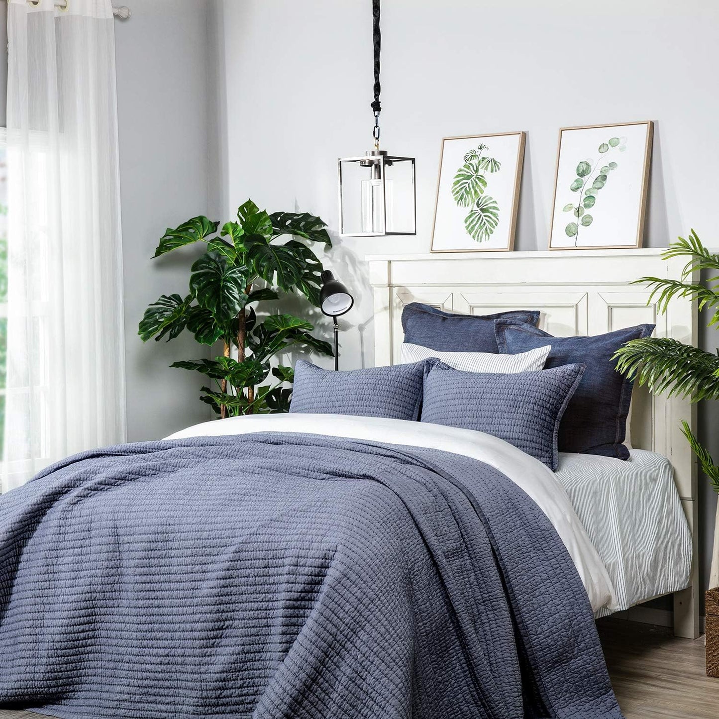 Cotton Yarn Dyed Chambray Collection Cotton Fill Channel Stitch Washed King Pillow Sham Blue Color, 20’’ X 36’’+1.75’’ Flange (1Piece)