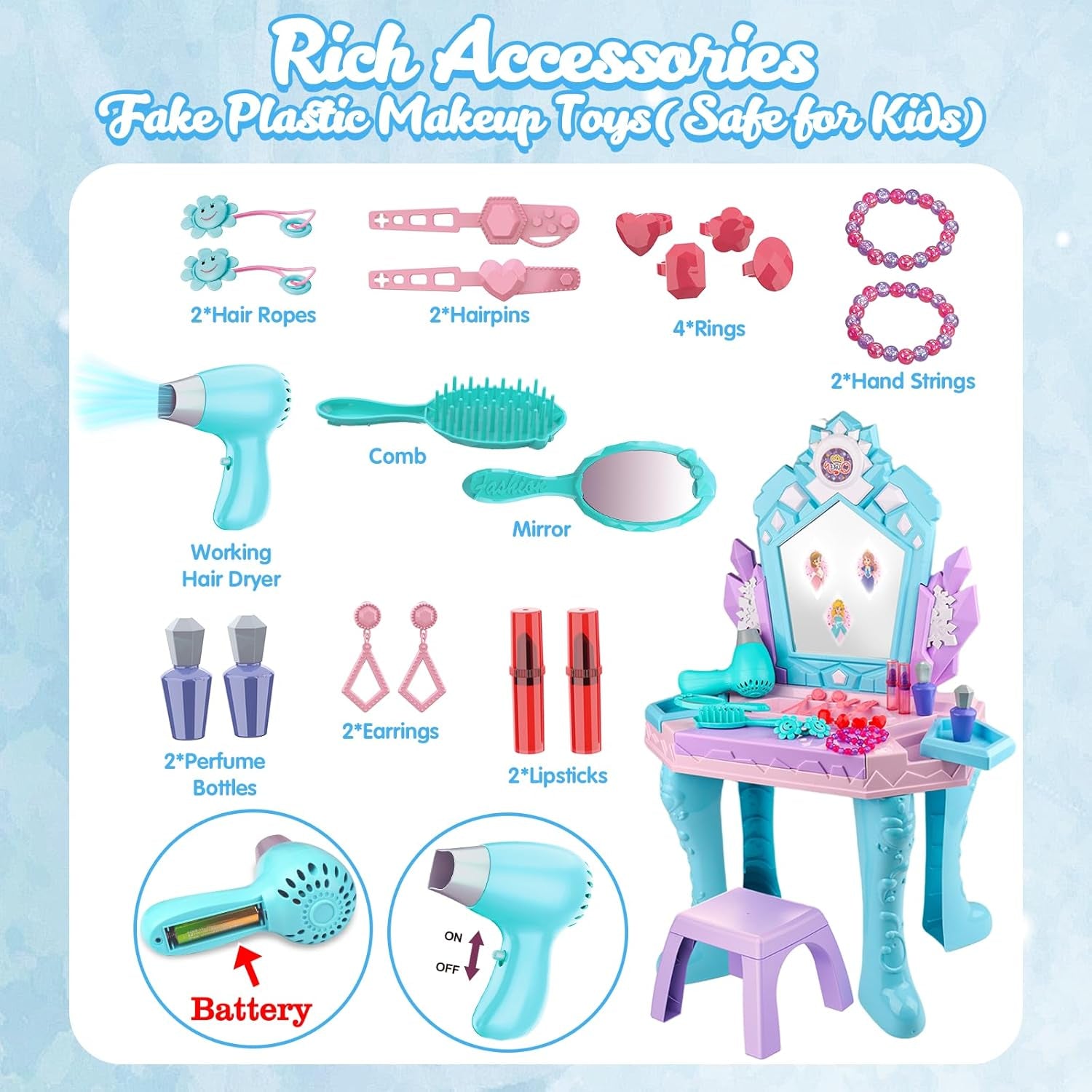 Toddler Vanity Magic Makeup Table and Chair Set Girl Toys Mirror with Music Light Frozen Toys for 1 2 3 4 Year Old Girls Hair Salon Pretend Play Princess Dress up Playset Gifts Kids Toddler 1-3