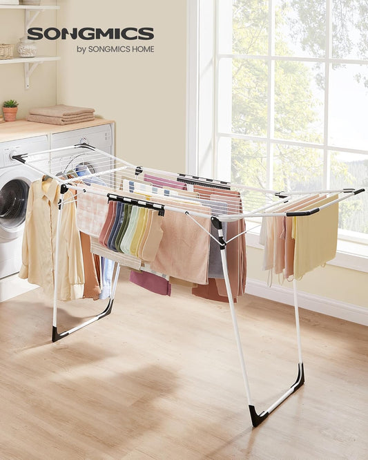 Clothes Drying Rack Foldable, Gullwing Laundry Drying Rack, Space-Saving, 22.2 X 68.1 X 38 Inches, Sock Clips, Metal Structure, for Clothes, Towels, Linens, Indoor, Outdoor White ULLR518W01