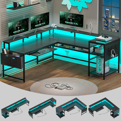 L Shaped Gaming Desk, Reversible Computer Desk, Gaming Desk with Power Outlets & LED Strip, Monitor Shelf, Keyboard Tray, Pegboard and Storage Shelves for Home Office, Black
