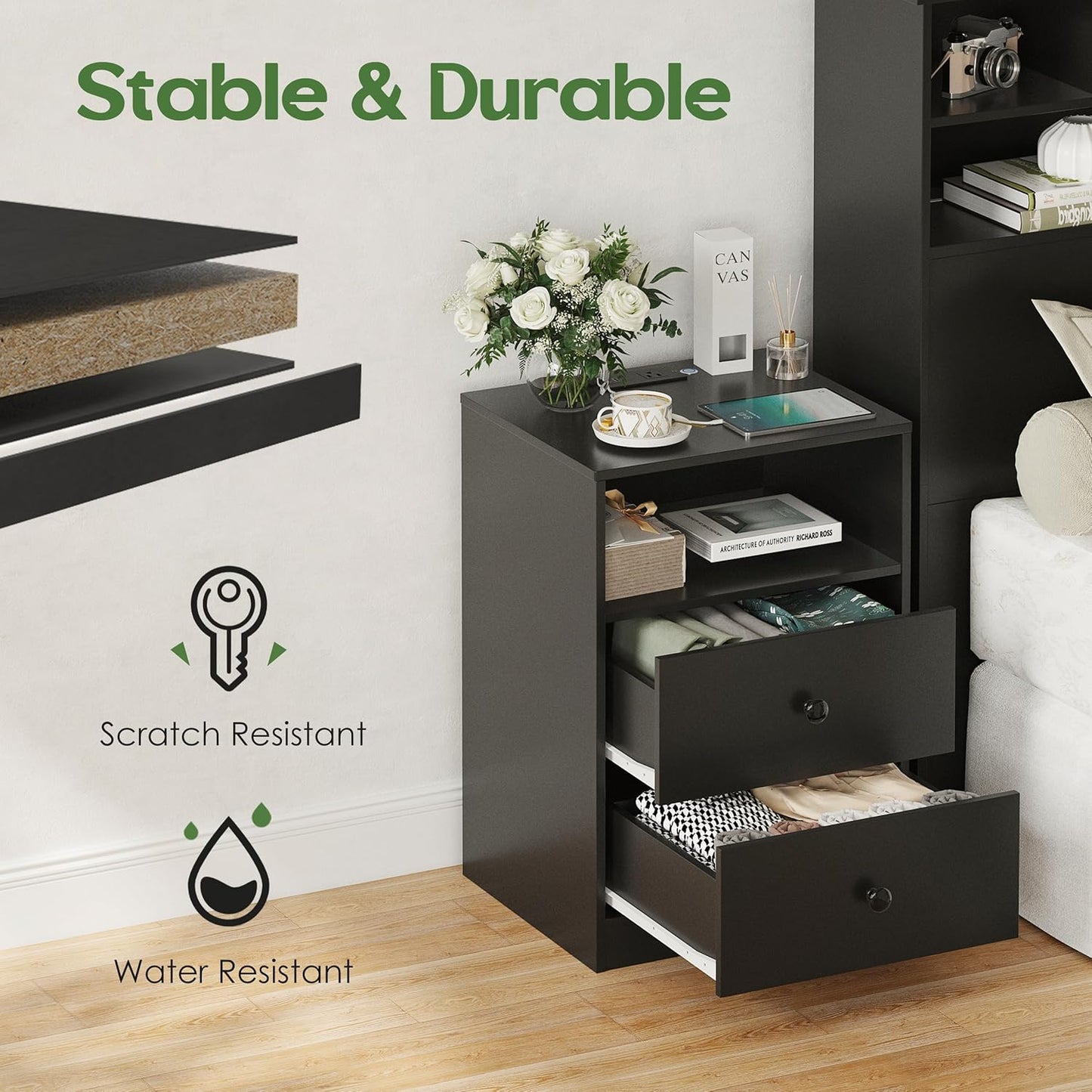 LED Wood Night Stand with Charging Station, Black Nightstand Bedside Table with 2 USB Ports & Outlets, Nightstands with 2 Large Drawers, End Side Table Dresser with Storage Shelf for Bedroom.