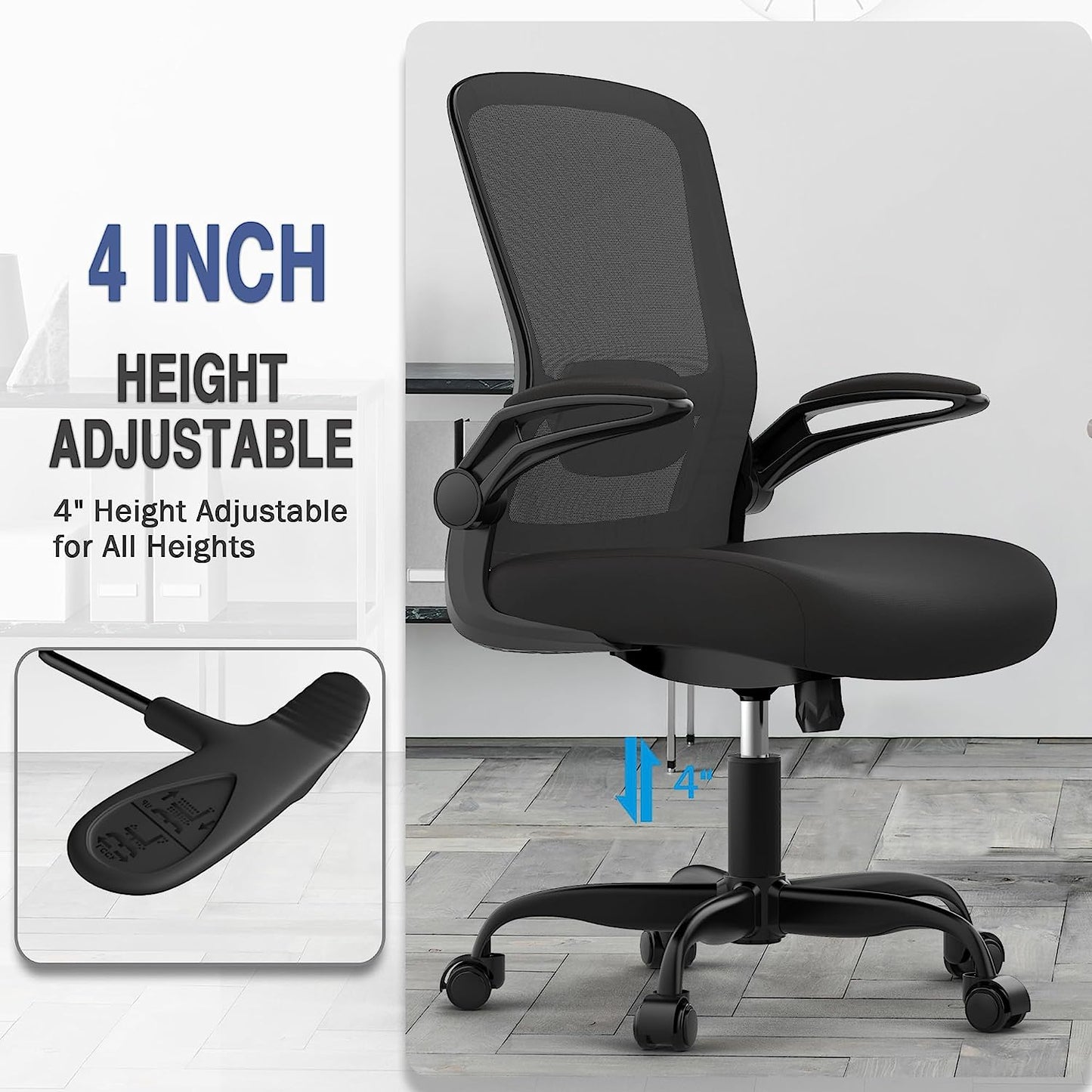 Ergonomic Office Chair - BIFMA Certified, Flip-Up Armrests & 135° Recline, Adjustable Lumbar Support - Space-Saving Task Chair for Business/Team Office & Home (Black, 300Lbs)