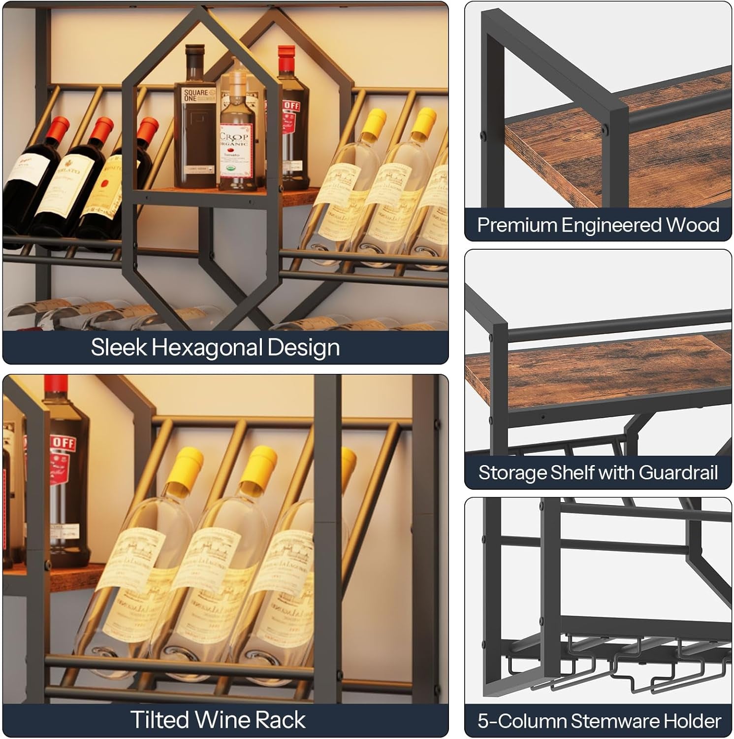 Wall Mounted Wine Rack with LED Light, 31.5" Wine Shelf, 3 Tier Wine Bottle Display Shelf with Glass Holder, Hanging Bar Liquor Storage Rack, for Kitchen, Bar, Rustic Brown and Black BF73DBJ01