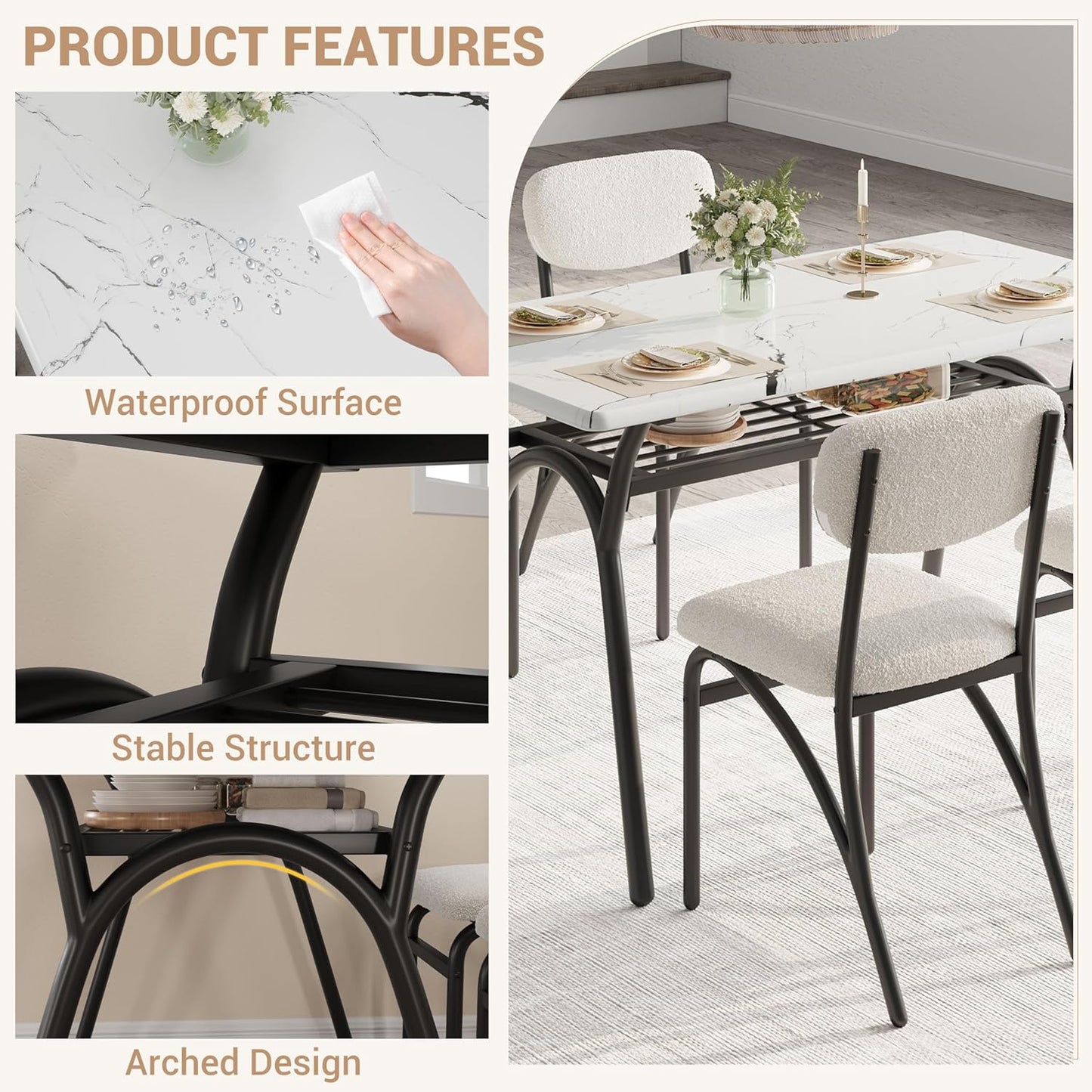 5-Piece Dining Table Set for 4, Modern Kitchen Table with 4 Boucle Chairs, Rectangular Dining Table with Storage Shelf & Marble Tabletop, Beige Home Dining Furniture for Small Space