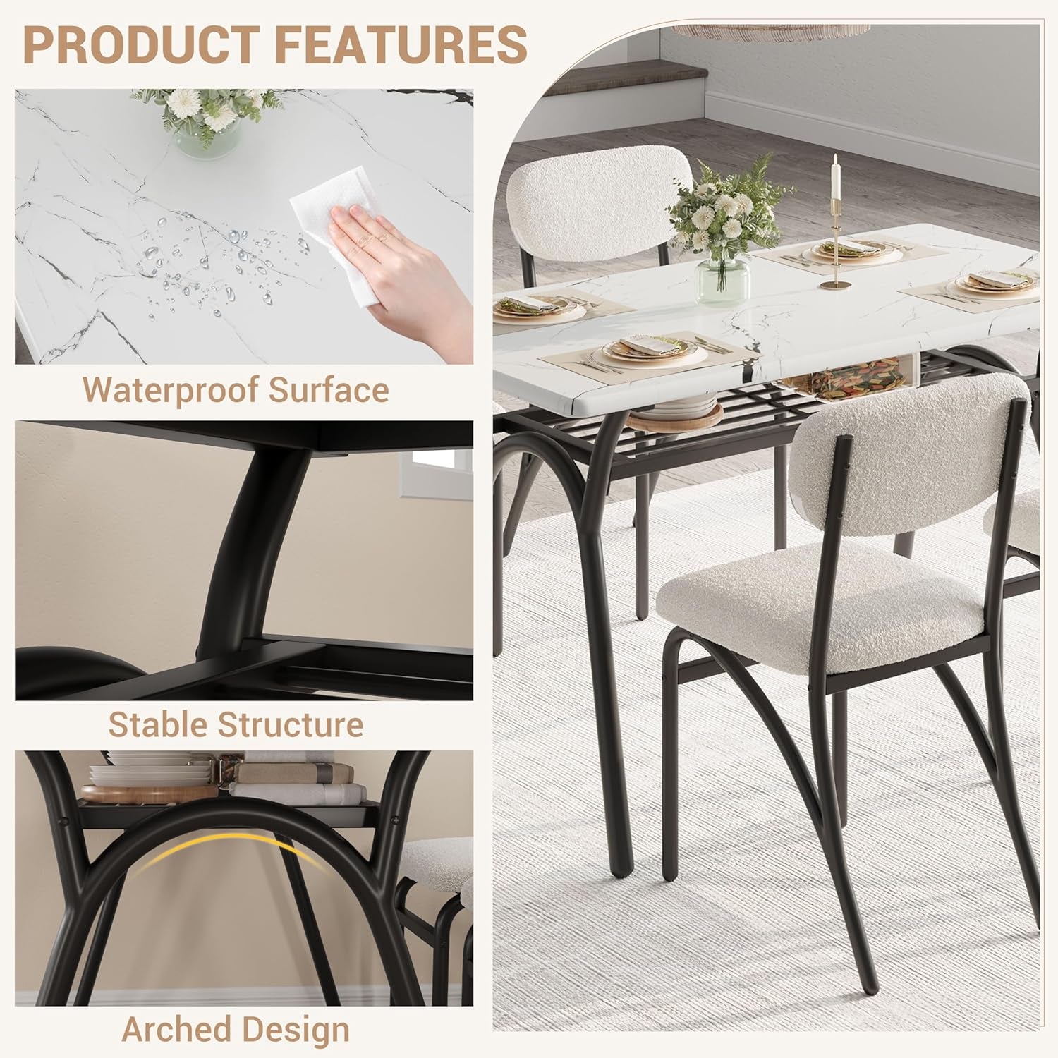 5-Piece Dining Table Set for 4, Modern Kitchen Table with 4 Boucle Chairs, Rectangular Dining Table with Storage Shelf & Marble Tabletop, Beige Home Dining Furniture for Small Space
