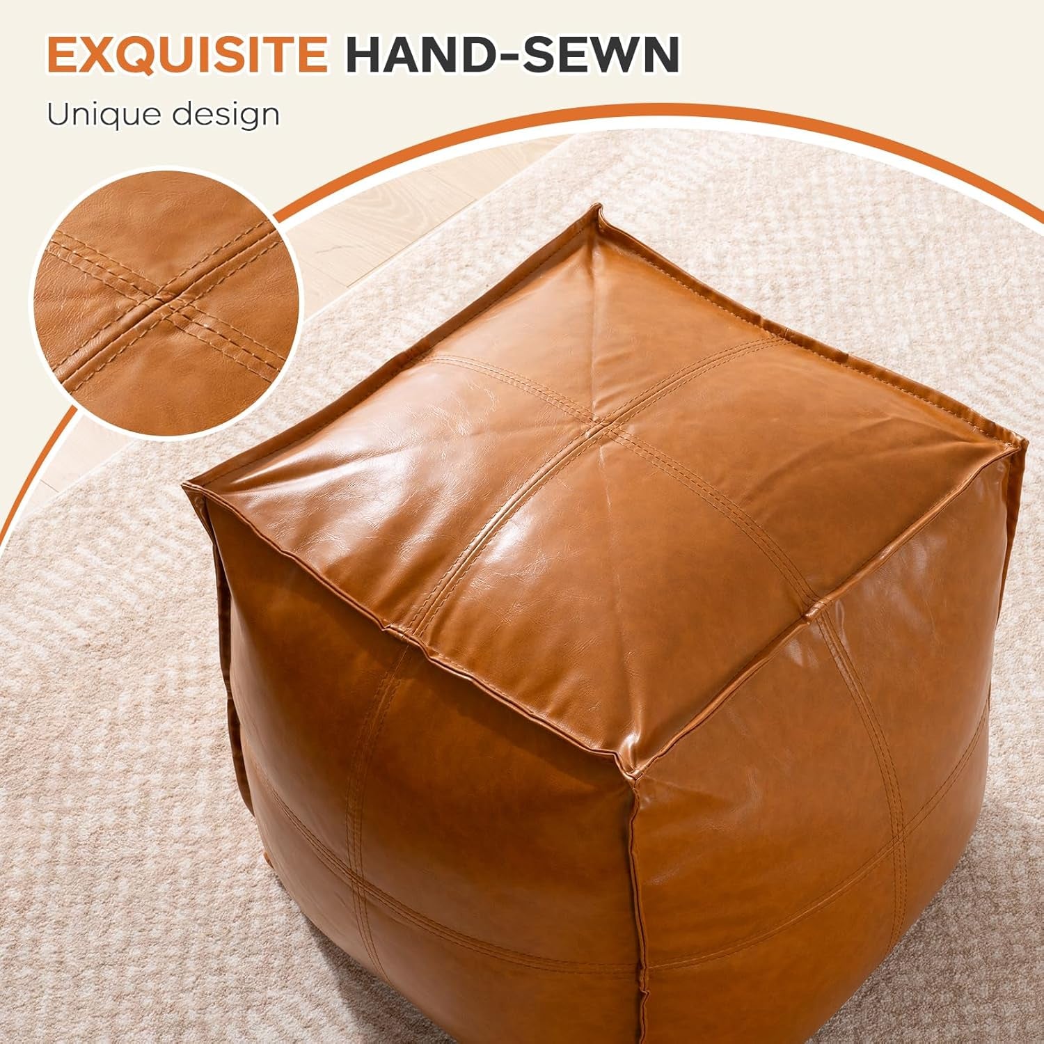 Pouf Ottoman Cover (Only Cover, No Filler), 17.7" Square Unstuffed Pouf Cover, Faux PU Leather Moroccan Poofy Ottoman Footstool, Brown No Filler Footrest, Floor Chair Gifts Foot Rest for Living Room