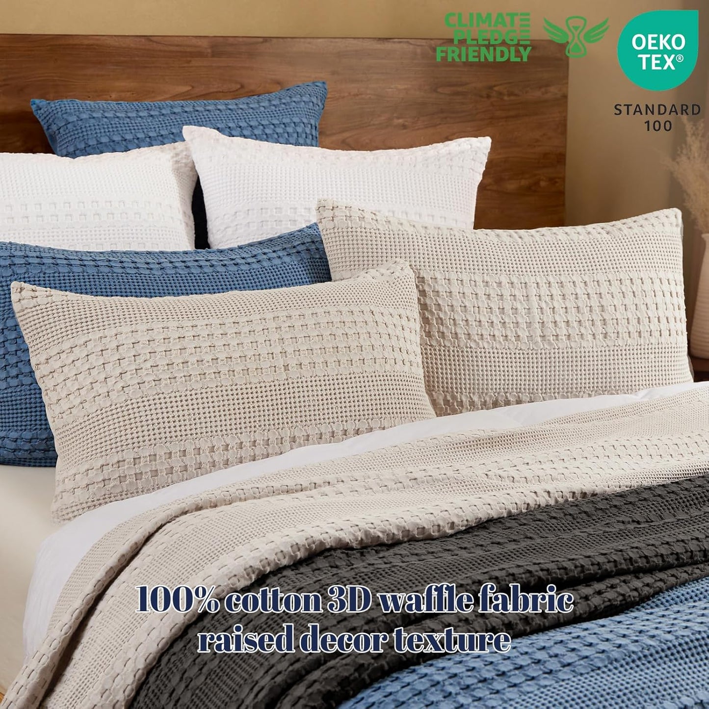 100% Cotton Waffle Pillow Shams King Size, 2 Pack 20" X 36" Soft Skin-Friendly Pillowcases, No Filling, Aesthetic Woven and Breathable Waffle Weave Pillow Case Covers for Bed, Oatmeal