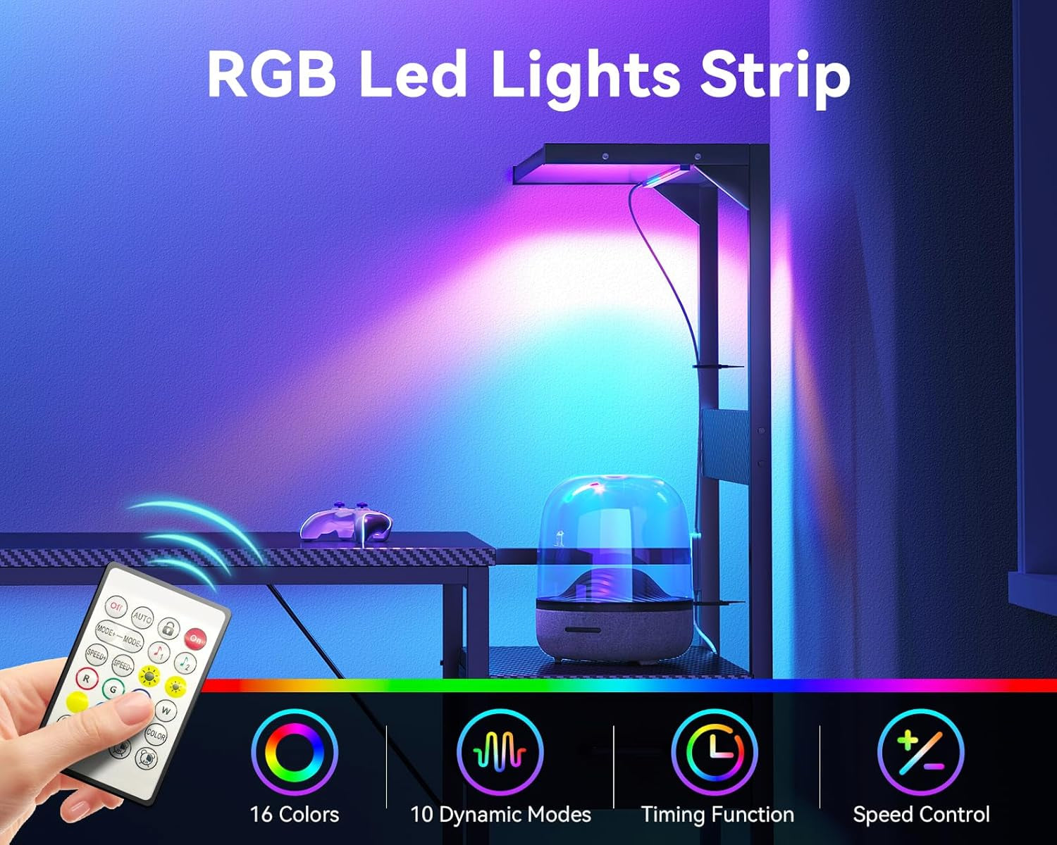 48 Inch Gaming Desk with Storage & LED Lights, Reversible Computer Desk with Display Shelves & Fabric Drawer, Modern Gamer Desk Table with Side Headphone Hook, Carbon Fiber Black