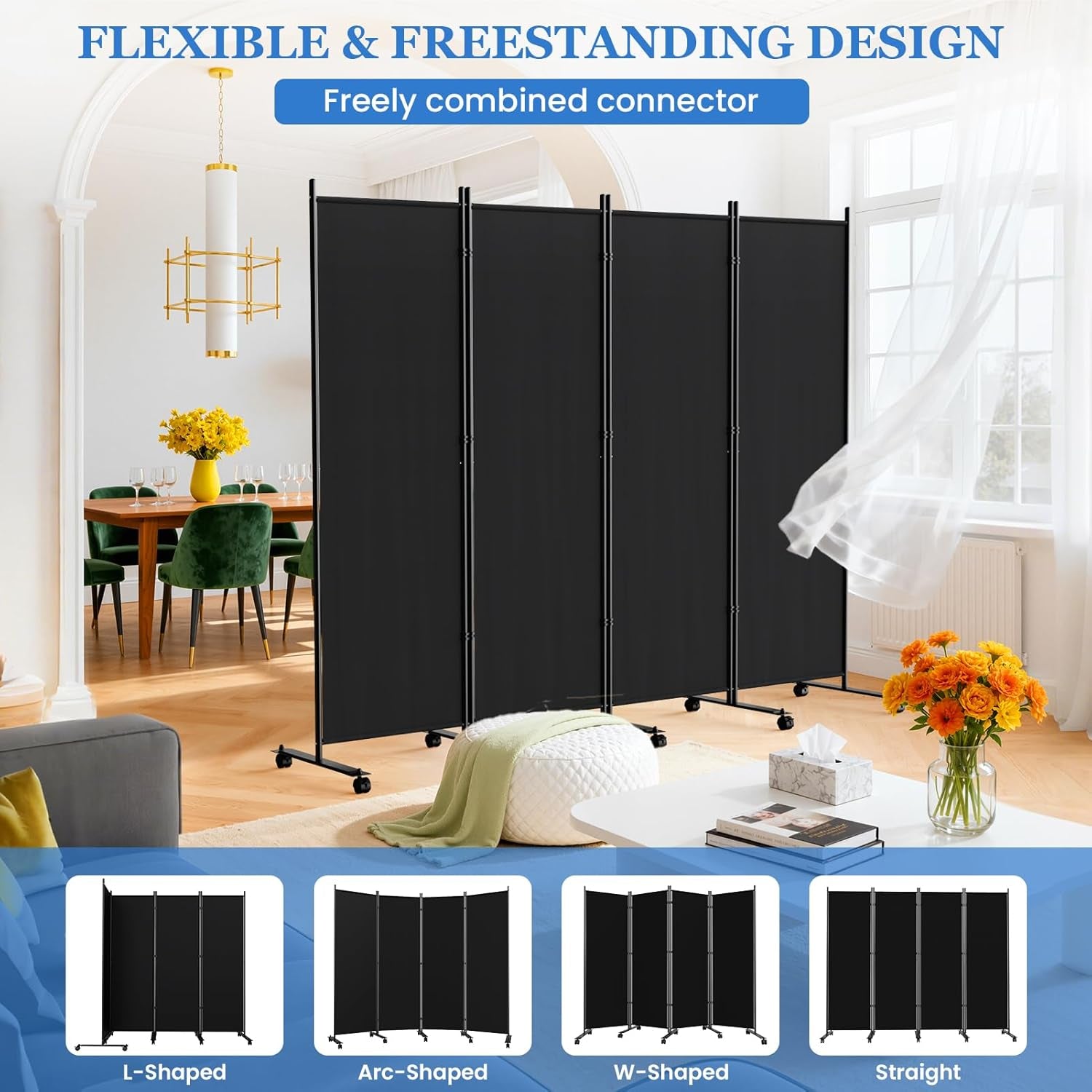 Room Divider 6FT Folding Privacy Screens with Lockable Wheels, 4 Panel Room Partition for Room Separator, 88" W Freestanding Portable Fabric Wall Dividers for Home Dorm Studio Office, Black