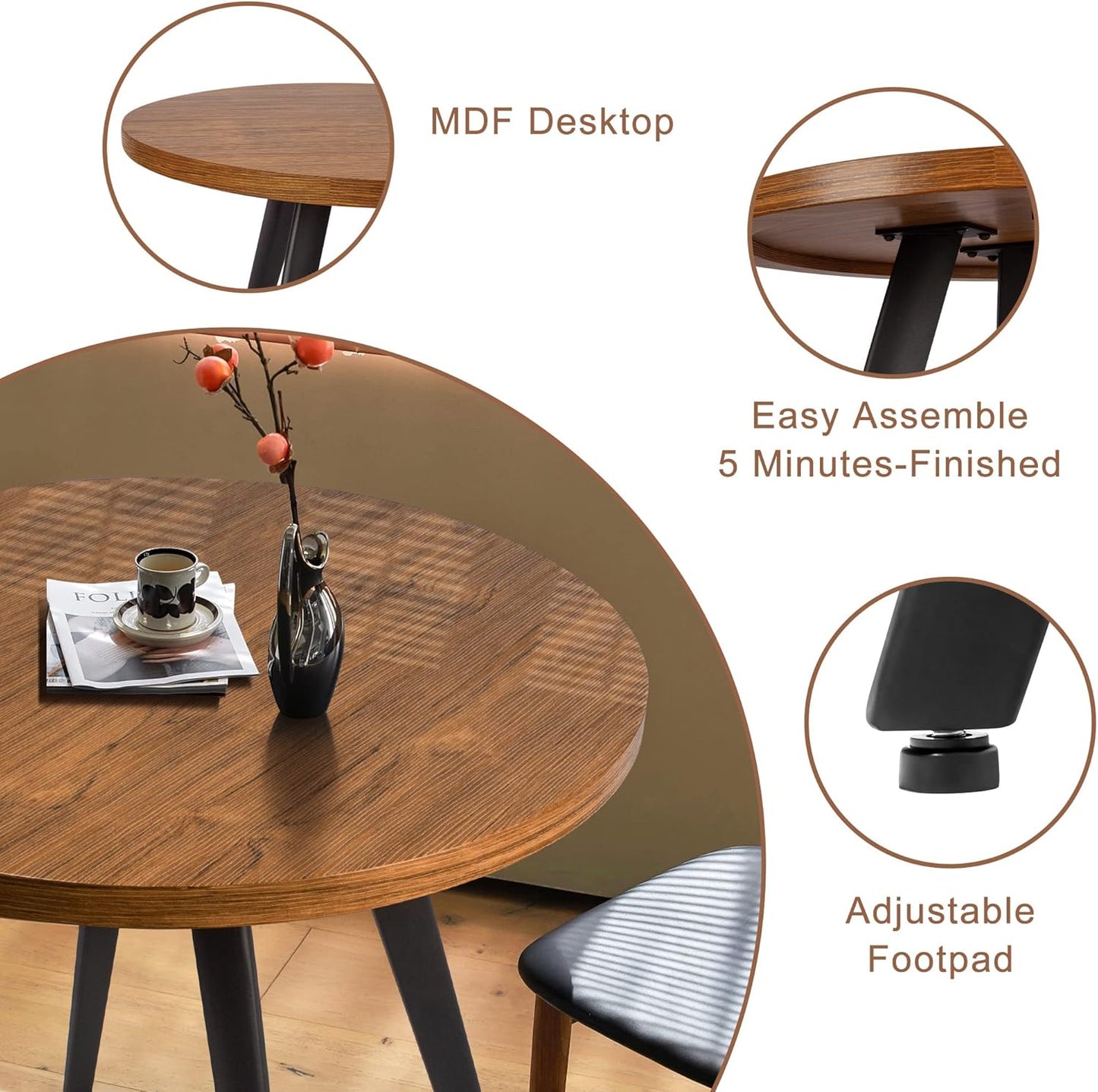 Round Dining Table, Small Dining Table for 2, 31.5" round Table, Mid-Century Modern Kitchen Table with 1.4" Thickness Wood Grain Tabletop for or Small Space, Dining Room, Kitchen, Brown