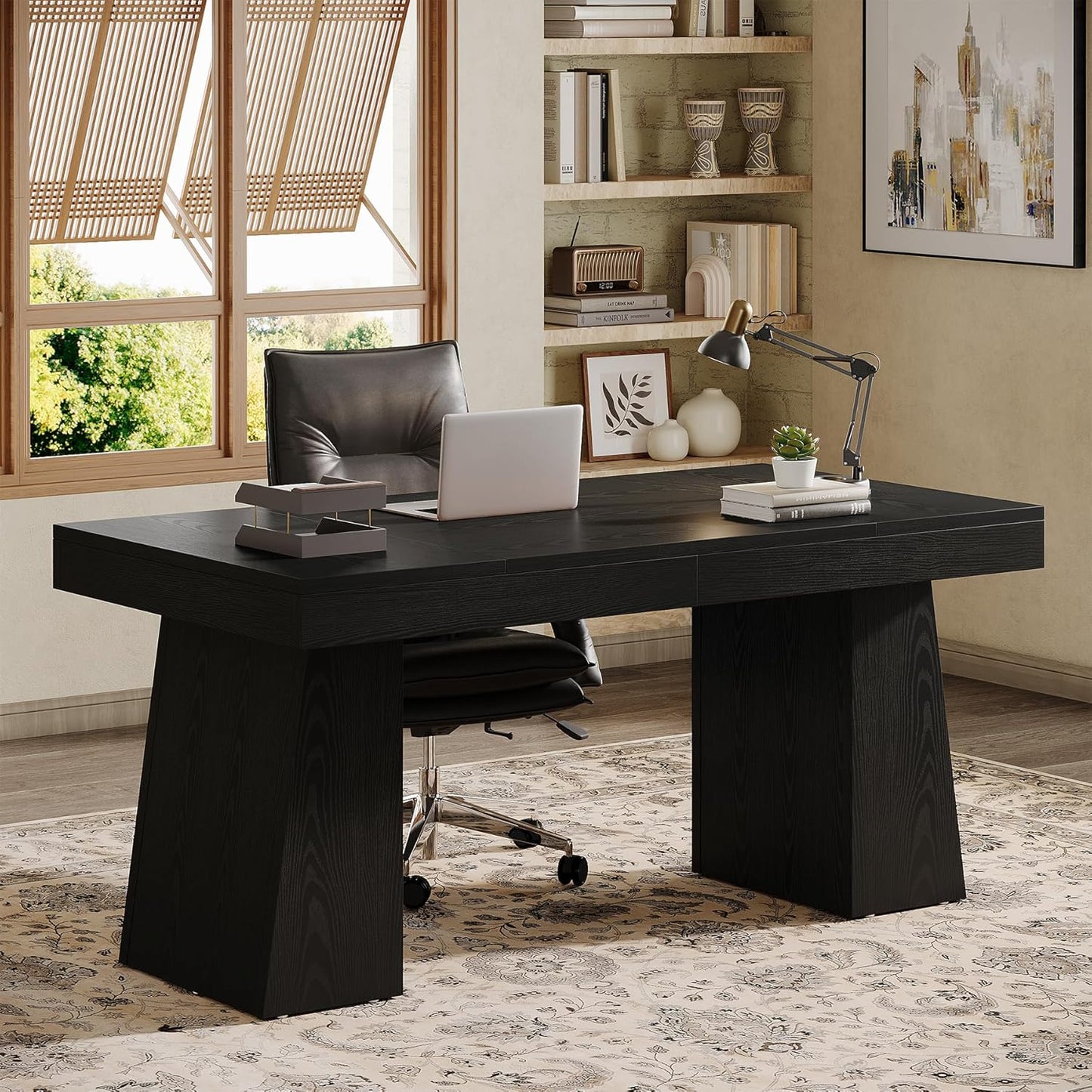 55" Executive Desk, Wooden Office Desk with Double Pedestal, Modern Simple Computer Writing Table for Home Office, Black
