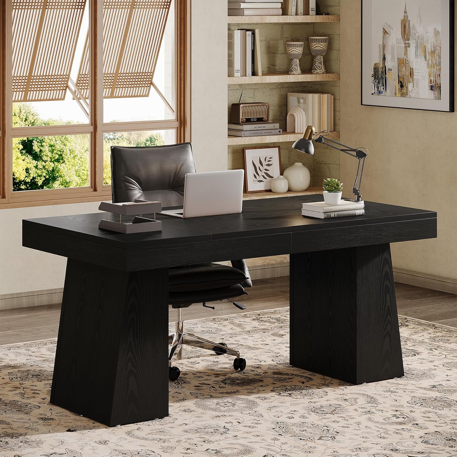 55" Executive Desk, Wooden Office Desk with Double Pedestal, Modern Simple Computer Writing Table for Home Office, Black