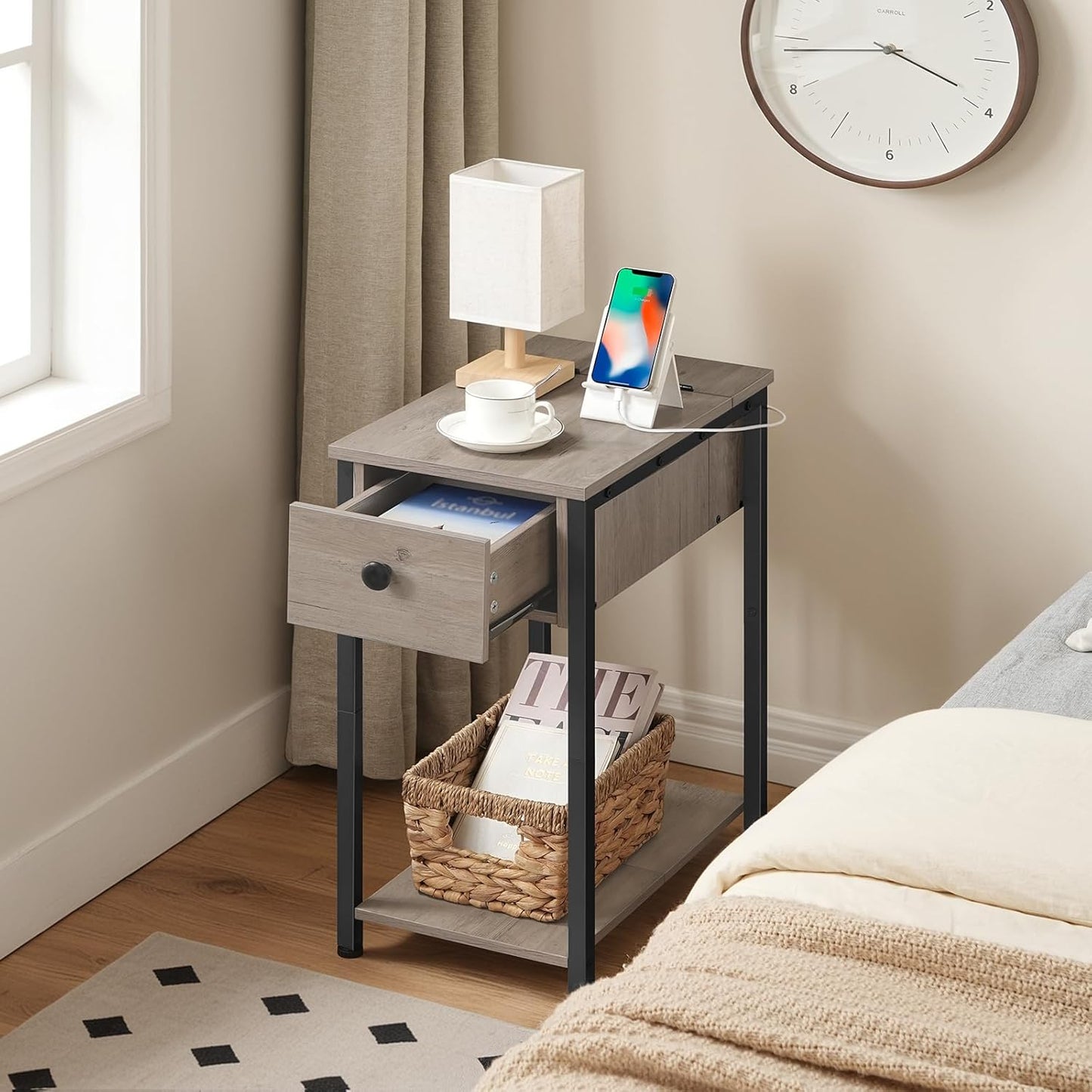 End Table with Charging Station, Narrow Side Table, Small Nightstand, Bedside Tables with Drawer and Storage Shelves, for Small Spaces, Living Room, Bedroom, Greige and Black BG041BZ01G1