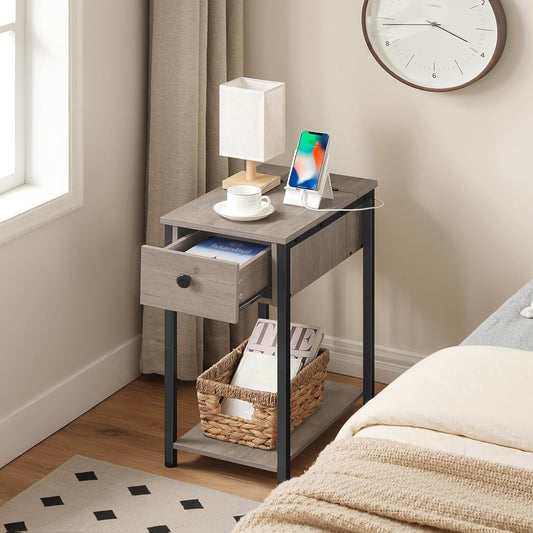 End Table with Charging Station, Narrow Side Table, Small Nightstand, Bedside Tables with Drawer and Storage Shelves, for Small Spaces, Living Room, Bedroom, Greige and Black BG041BZ01G1