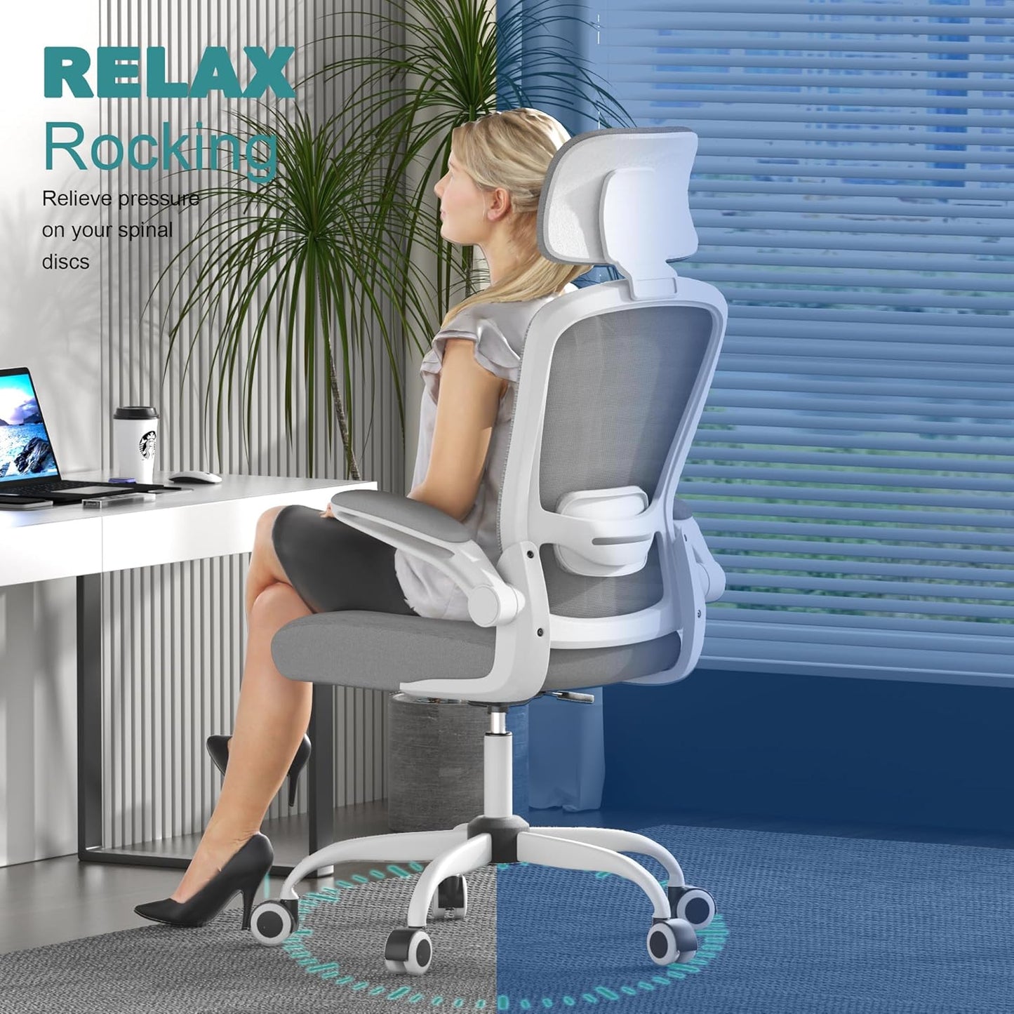 Office Chair, High Back Ergonomic Desk Chair with Adjustable Lumbar Support and Headrest, Swivel Task Chair with Flip-Up Armrests for Guitar Playing