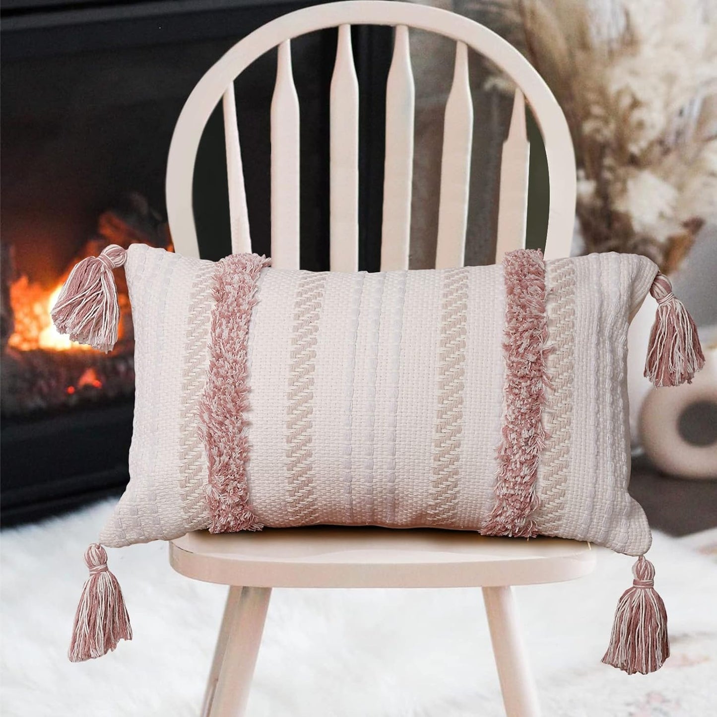Boho Throw Pillow Covers Tufted Decorative Pillows Cover for Couch Bed Small Lumbar 12 X 20 Inch Pillow Cover, Modern Accent Farmhouse Neutral Throw Pillow Case, Pink