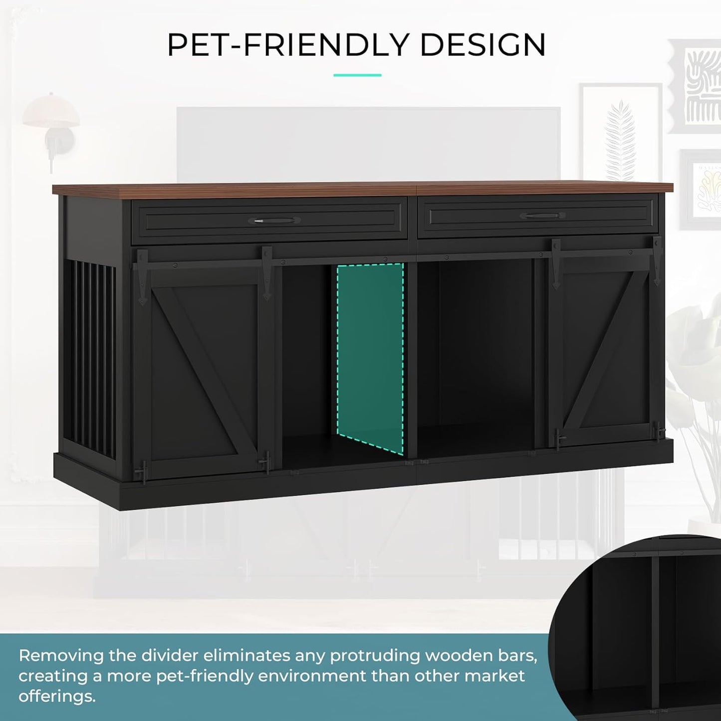Dog Crate Furniture - Indoor Wooden Dog Kennel Furniture with Double Sliding Barn Doors, 2 Drawers & Room Divider - 72" L X 23.6" W X 34" H - Black