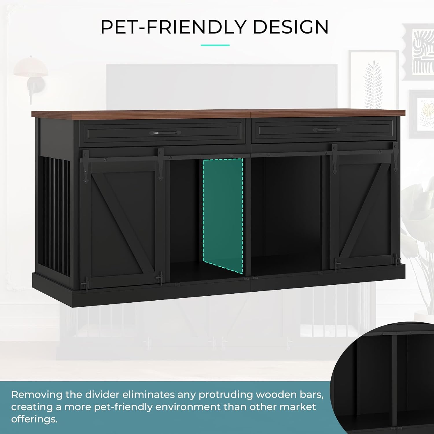 Dog Crate Furniture - Indoor Wooden Dog Kennel Furniture with Double Sliding Barn Doors, 2 Drawers & Room Divider - 72" L X 23.6" W X 34" H - Black