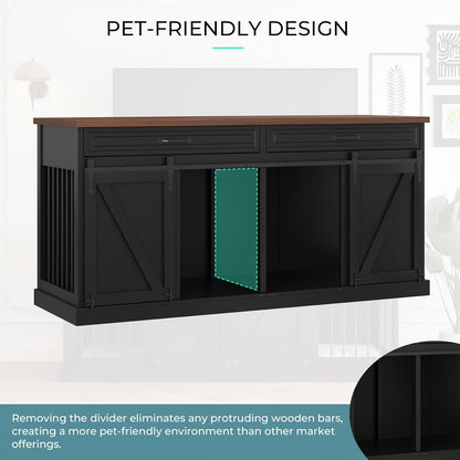 Dog Crate Furniture - Indoor Wooden Dog Kennel Furniture with Double Sliding Barn Doors, 2 Drawers & Room Divider - 72" L X 23.6" W X 34" H - Black