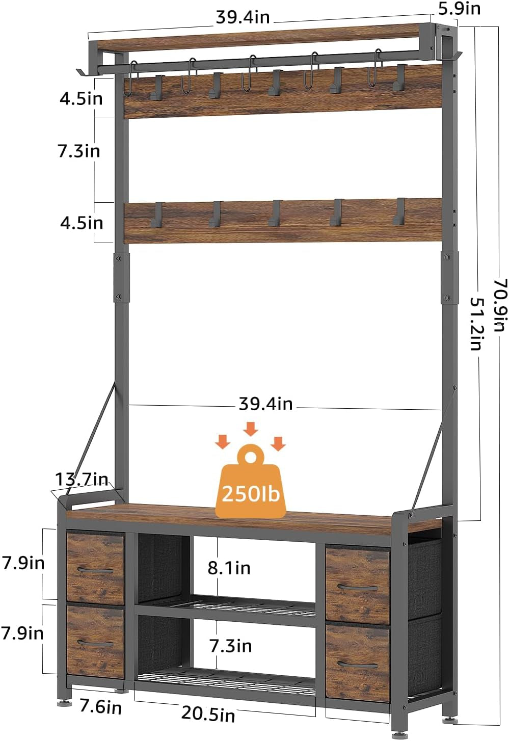39" Hall Tree with Storage Coat Rack Freestanding Entryway Furniture Bench, 5 in 1 Design Front Door Shoe Rack and Wall Rack Hooks, and 4 Drawers (Rustic Brown)