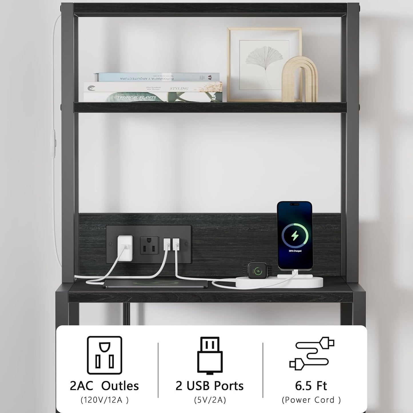 Night Stand, Tall Nightstand with 4-Tier Shelves, 2 Fabric Drawers and Light Tube, Bed Side Tables with Charging Station, Bedside Table for Bedroom, Office, Black Oak