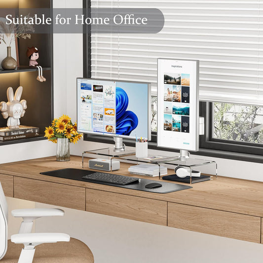 Clear Acrylic Monitor Stand Riser, 3 Shelves Adjustable Dual Monitor Stand with Anti-Slip Mat, Premium Desk Organizer for Home Office, Laptops, Pcs, Printers, Tvs