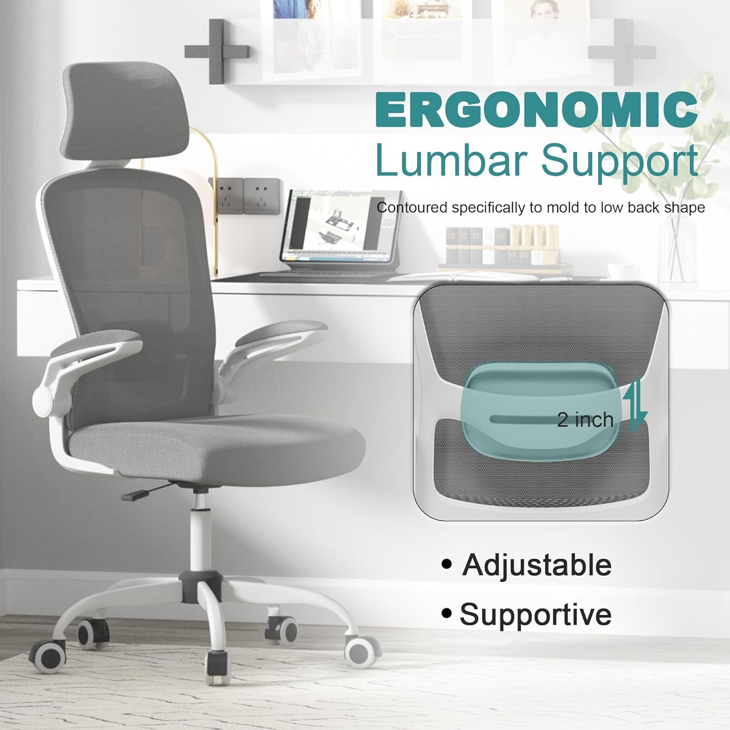 Office Chair, High Back Ergonomic Desk Chair with Adjustable Lumbar Support and Headrest, Swivel Task Chair with Flip-Up Armrests for Guitar Playing