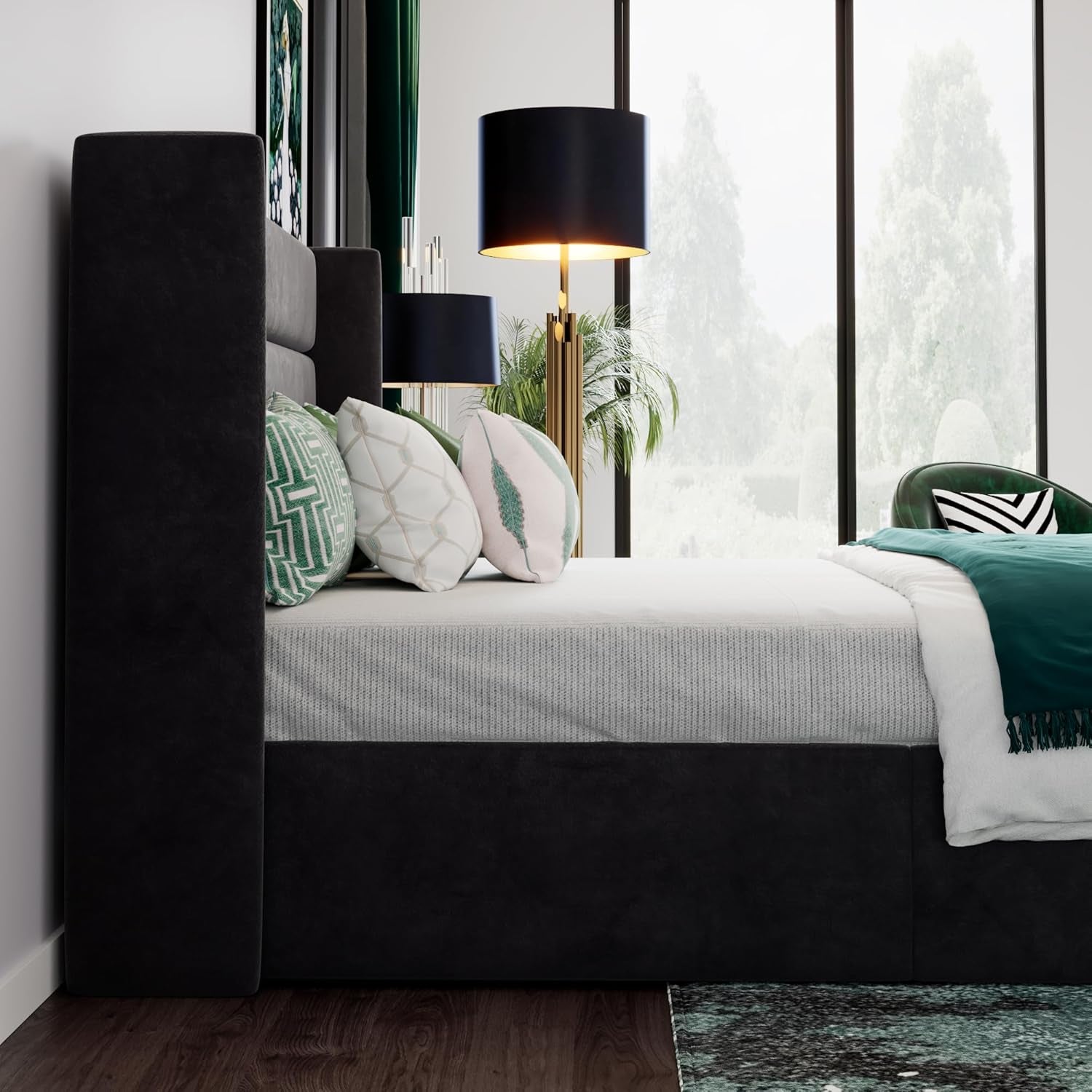 Queen Size Lift up Storage Bed/Velvet Upholstered/Modern Wingback Headboard/Upholstered Platform Bed Frame/Hydraulic Storage/No Box Spring Needed/Black