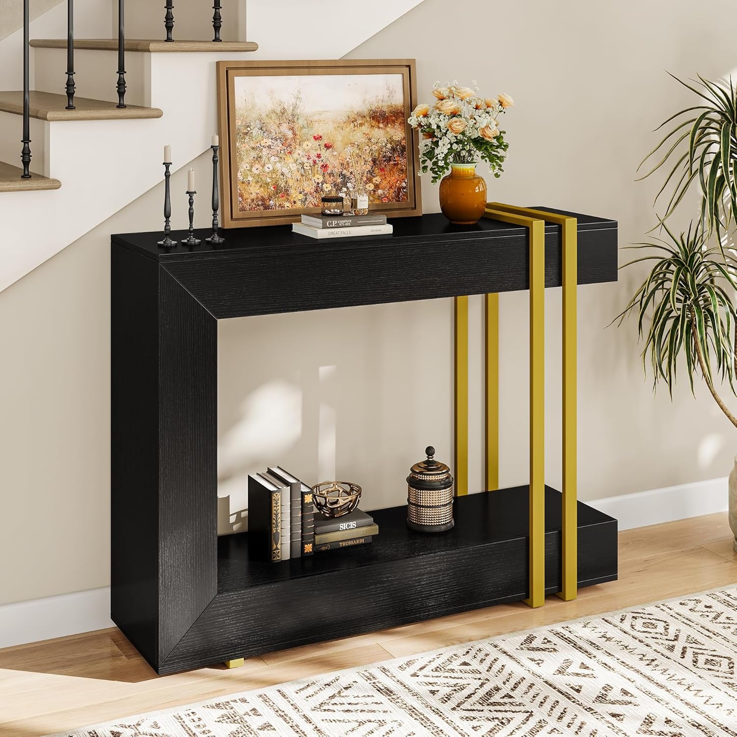42.5" Console Table behind Couch, 2-Tier Narrow Entryway Table with Storage, Wood Sofa Tables for Hallway/Entrance/Living Room/Foyer, Black