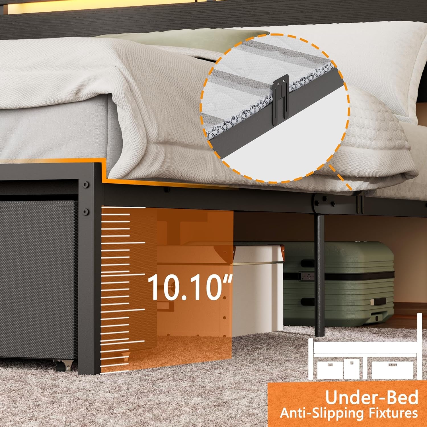 Queen Bed Frame with Wood Headboard, Black Platform Bed with 2 Storage Drawers & Shelf, Built-In Charging Station & LED Lights, Metal Support, No Box Spring Needed, Cama Queen Size