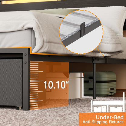 Queen Bed Frame with Wood Headboard, Black Platform Bed with 2 Storage Drawers & Shelf, Built-In Charging Station & LED Lights, Metal Support, No Box Spring Needed, Cama Queen Size