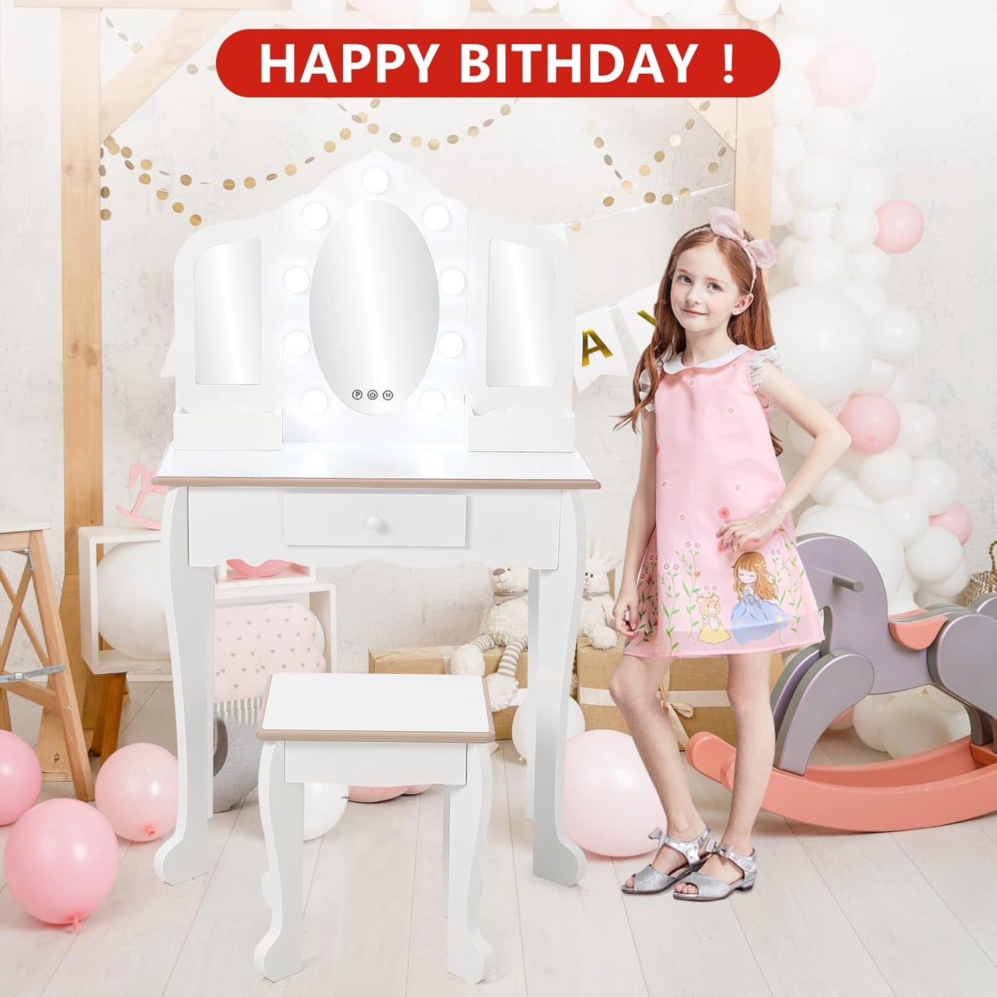 Kids Vanity Table and Chair Set with Light, Girls Vanity with Mirror, Drawer and Pretend Playset, Wooden Princess Makeup Desk Dressing Table, Toddler Vanity (Batteries Not Included)