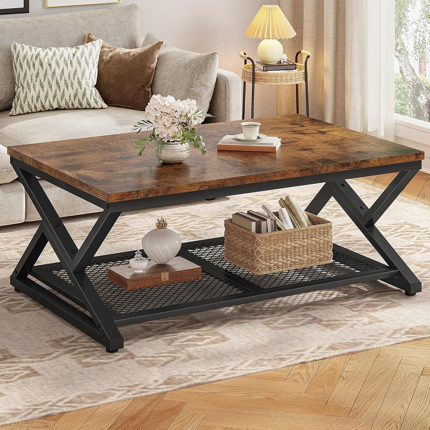Coffee Table with Storage, Modern Coffee Tables for Living Room with Mesh Shelf, 2 Tier Rectangular Center Table for Living Room, Bedroom, 39.4 Inch, Rustic Brown