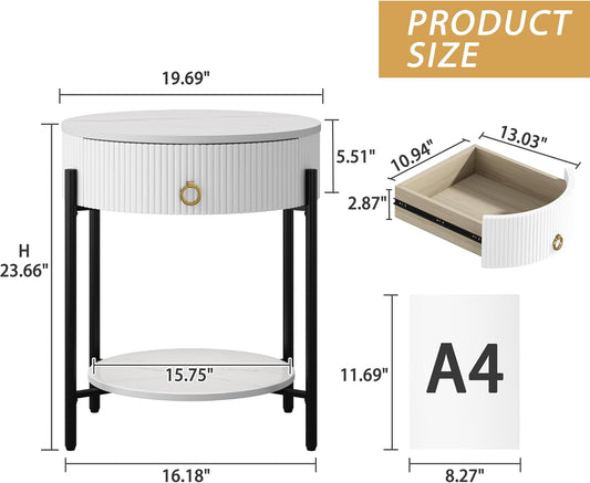 round End Table with Drawer, Modern 2 Tier Nightstand with Shelf, Small Side Table with Sintered Stone Tabletop for Living Room, Bedroom, Dorm, and Office, Marbling Natural Stone/White