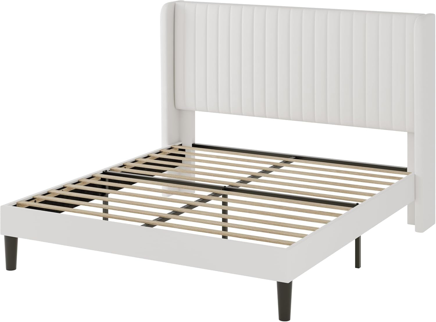 Full Size Velvet Bed Frame/Vertical Channel Tufted Wingback Headboard/Upholstered Platform Bed/Strong Wooden Slats/No Box Spring Needed/Easy Assembly/White