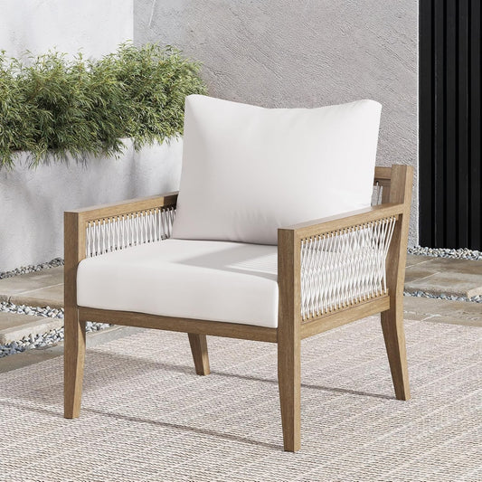 Freya Bohemian Wooden Armchair, Outdoor Patio Chair, Solid Acacia Wood Frame, White/Light Brown