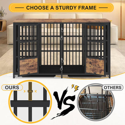 78 Inch Dog Crate, Large Dog Crate for 2 Dogs, Dog Kennel Indoor for Large/Medium Dogs with Top Access Door, XL Wooden Dog Cage with 360 Degree Rotatable Stainless Bowls, Heavy Duty Steel Frame
