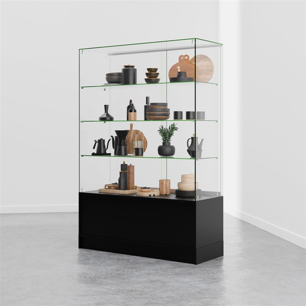 48 Inch Glass Display Cabinet with 3 Glass Shelves, Separate Storage Area in Base, Sliding Doors (Black)