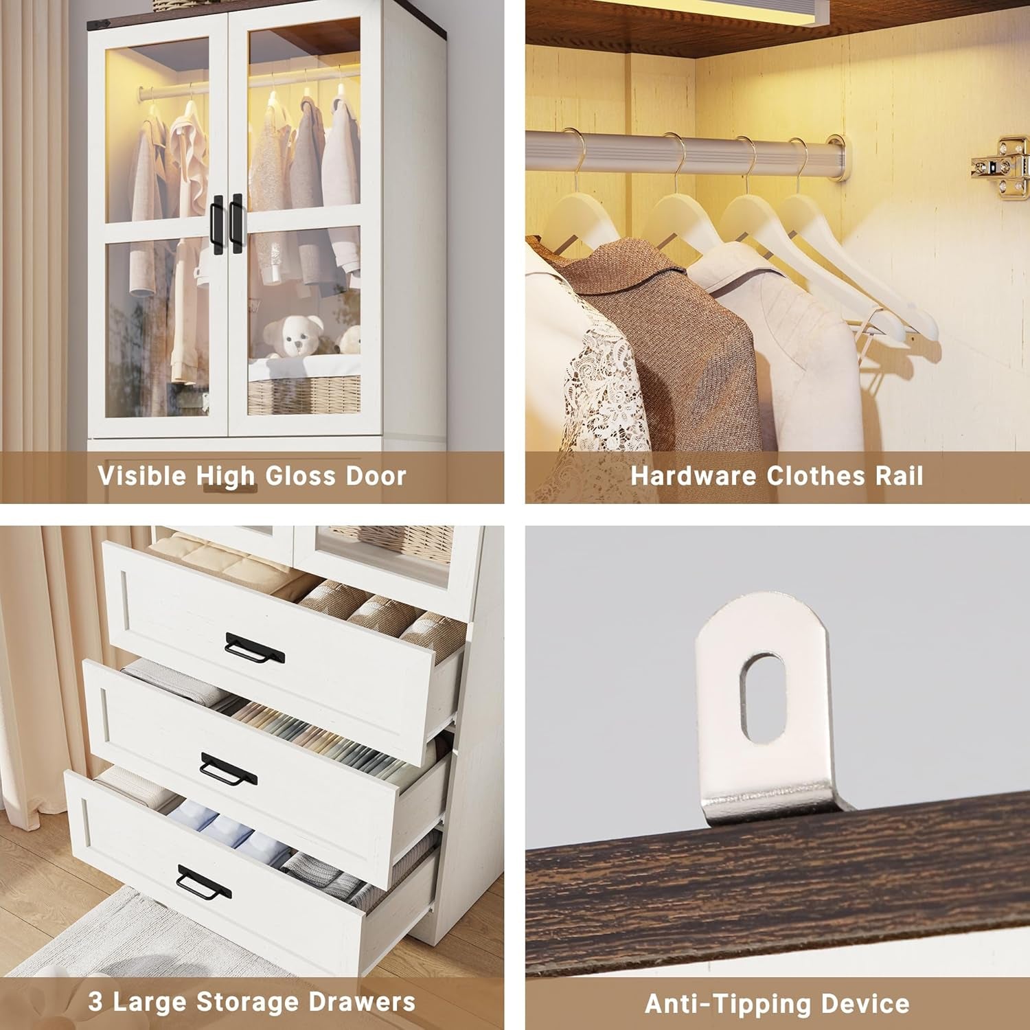 75" Tall Farmhouse 2 Doors Armoire Wardrobe Closet with 3 Drawers and Led,Freestanding Closet Wardrobe Cabinet for Bedroom with Hanging Rod,Wooden Armoire Storage Cabinet Adjustable(Rustic off White)