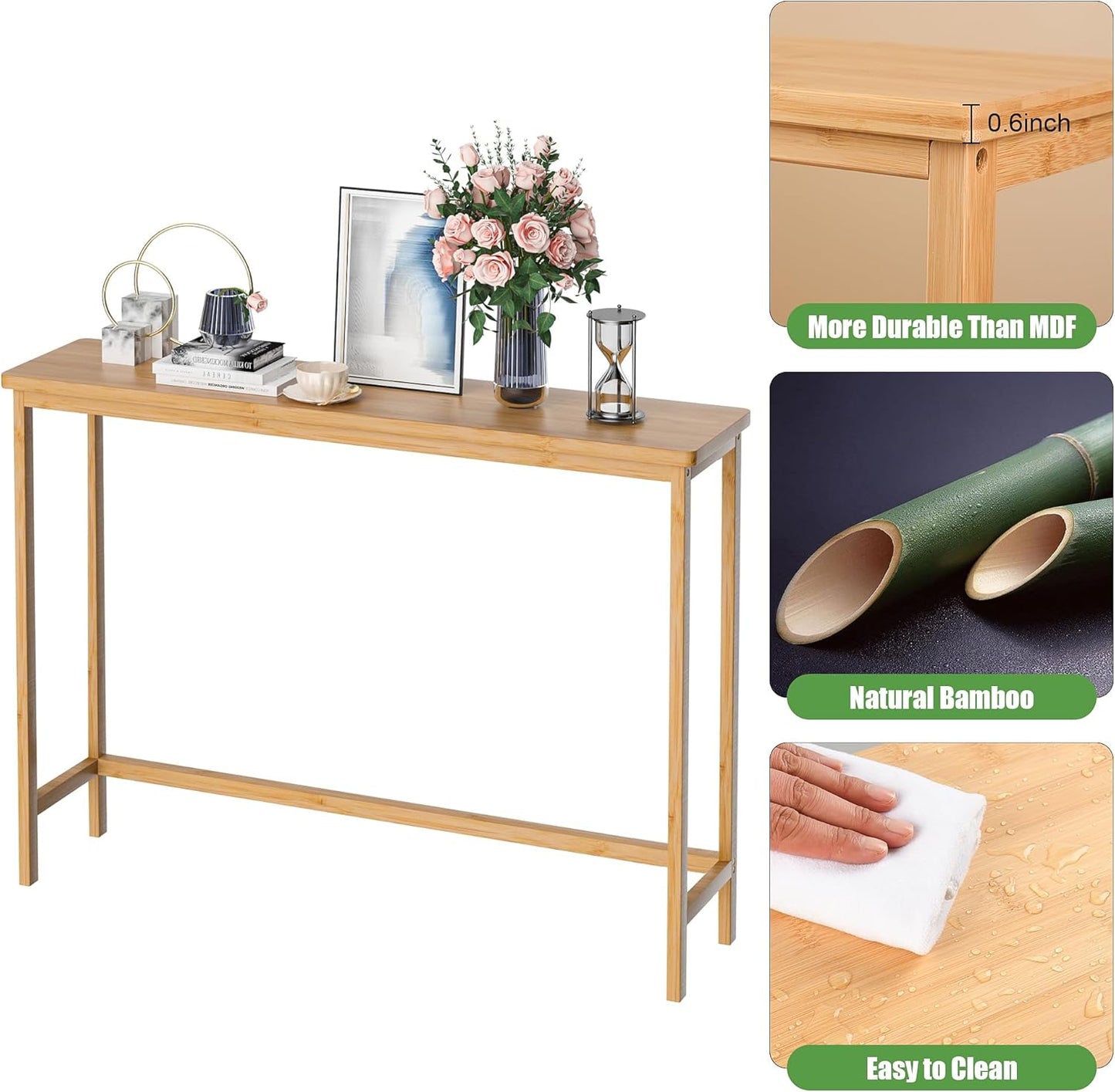 Console Table, Entryway Table, Narrow Sofa Table, 39" Bamboo Hallway Table for Entryway, Living Room, Bedroom, Foyer, Natural