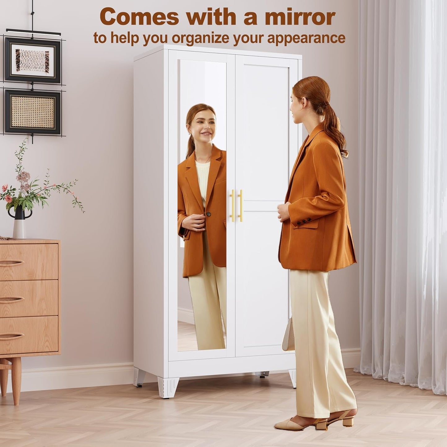 RIETERN Metal Armoire Wardrobe Closet, 71" Tall Bedroom Closet with Mirror, Adjustable Shelves, and Hanging Rod, Steel Clothes Closets and Storage, for Bedroom White
